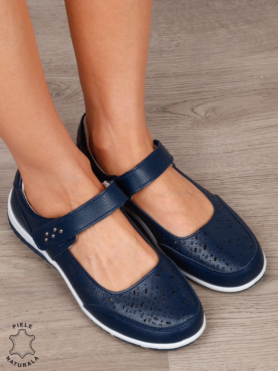 Balerini dama din Piele Naturala cu inchidere velcro CRL1548 BLEUMARIN