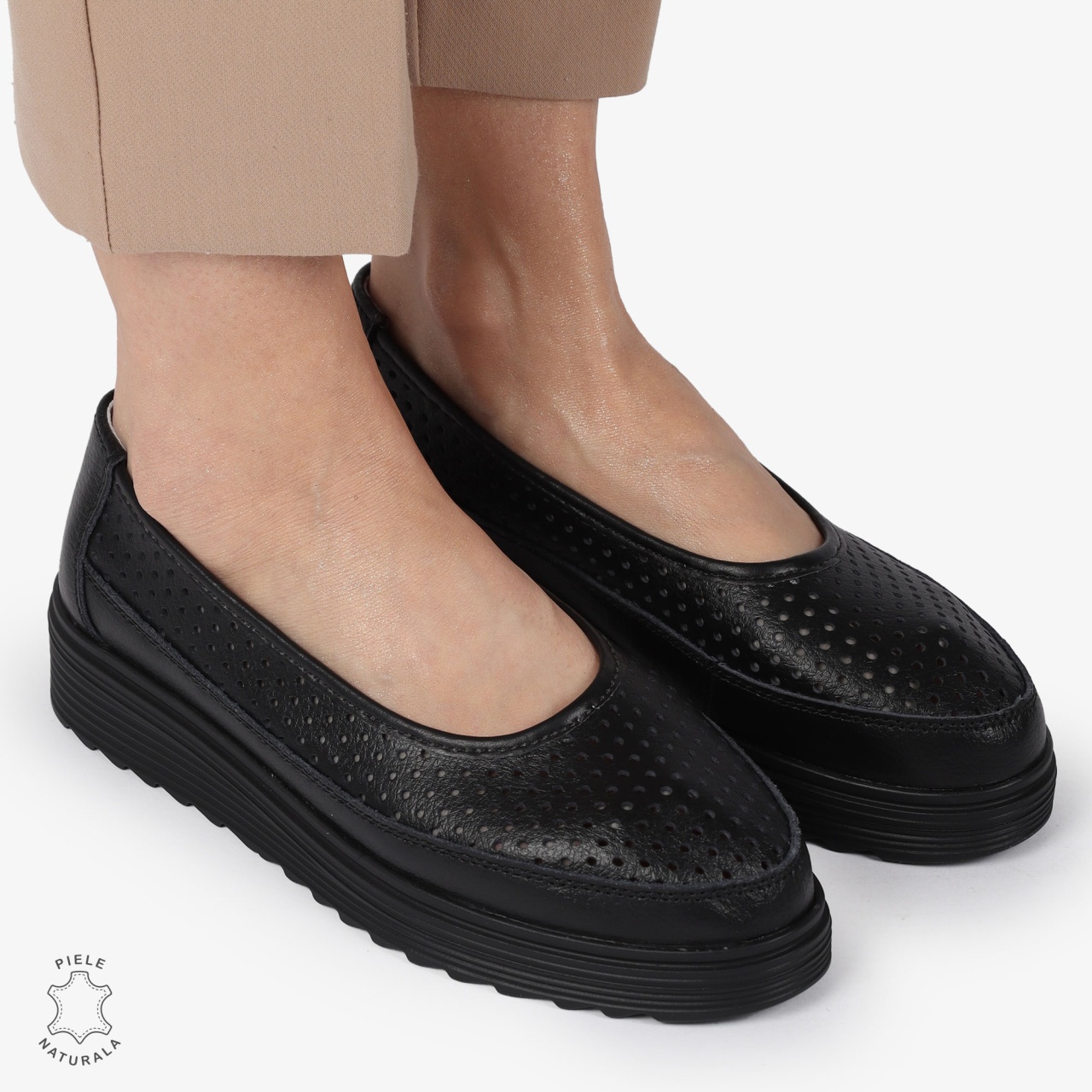 Balerini dama din Piele Naturala cu talpa groasa CRL0172 NEGRU