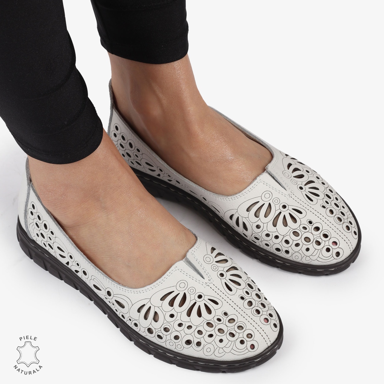 BALERINI dama din Piele naturala PERFORATA SLIP-ON CRL1363 ALB