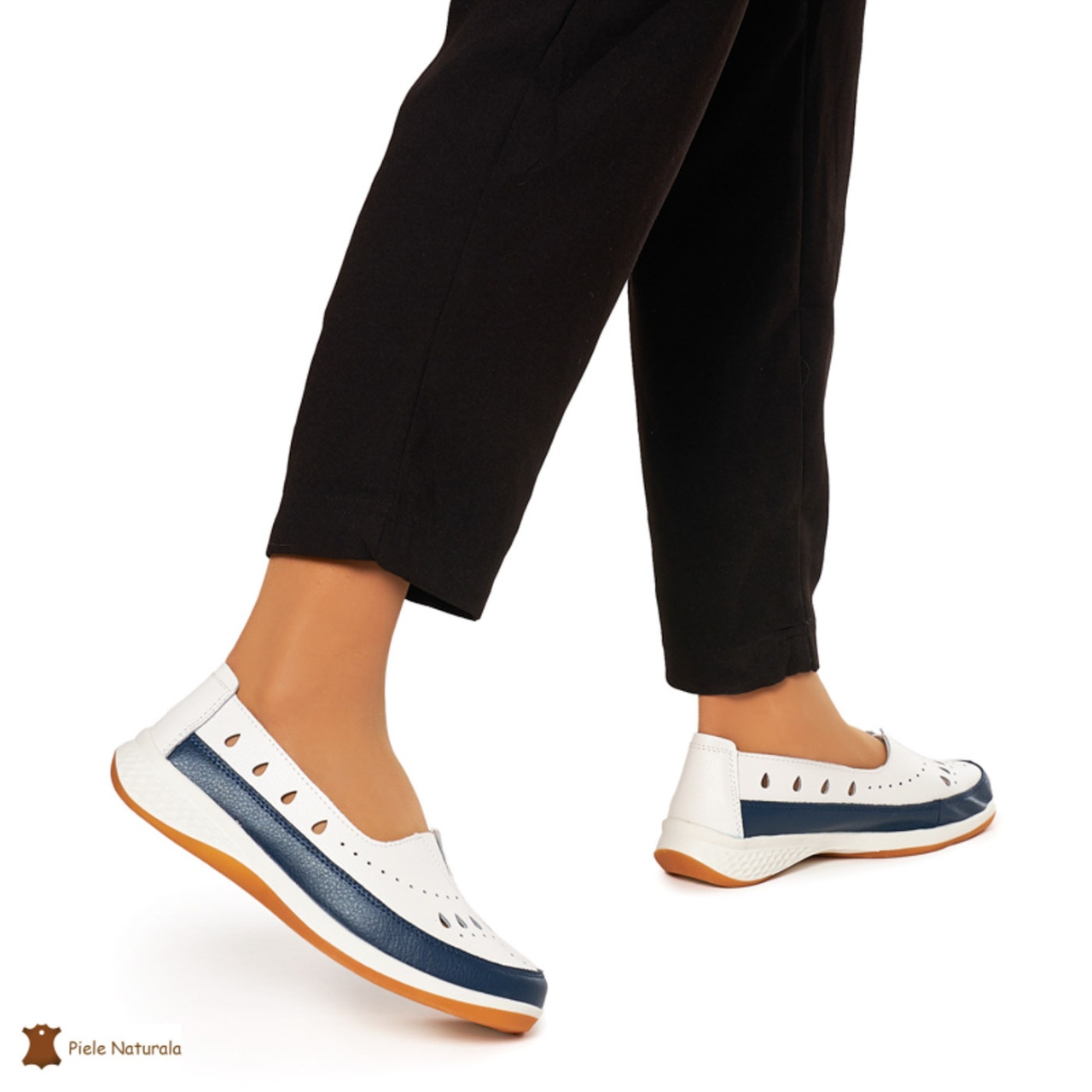 Balerini Dama Piele Naturala Slip-on CRL0074 ALB CU BLEUMARIN