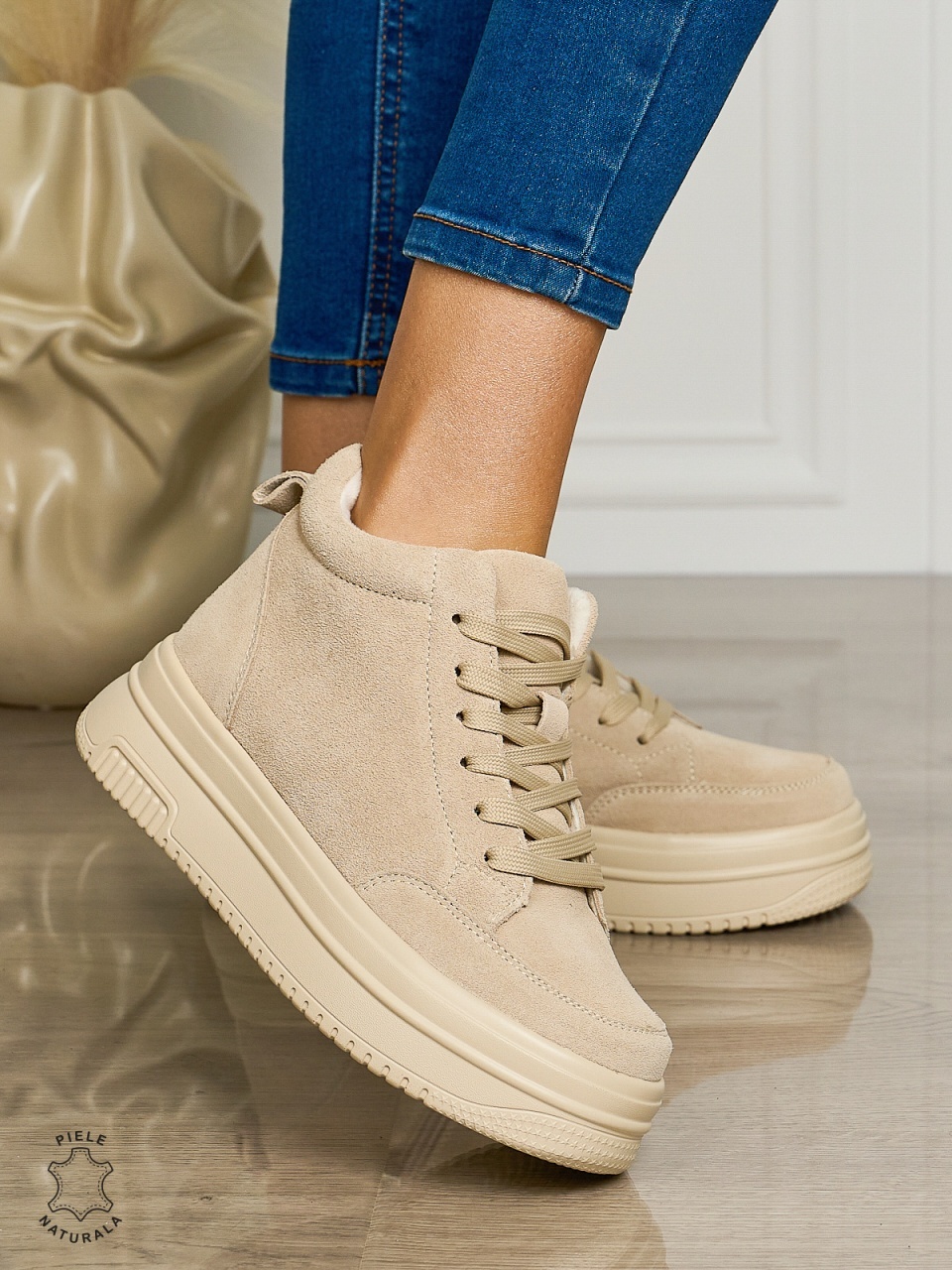Ghete casual din piele naturală cu talpa solida CRL1510 BEJ