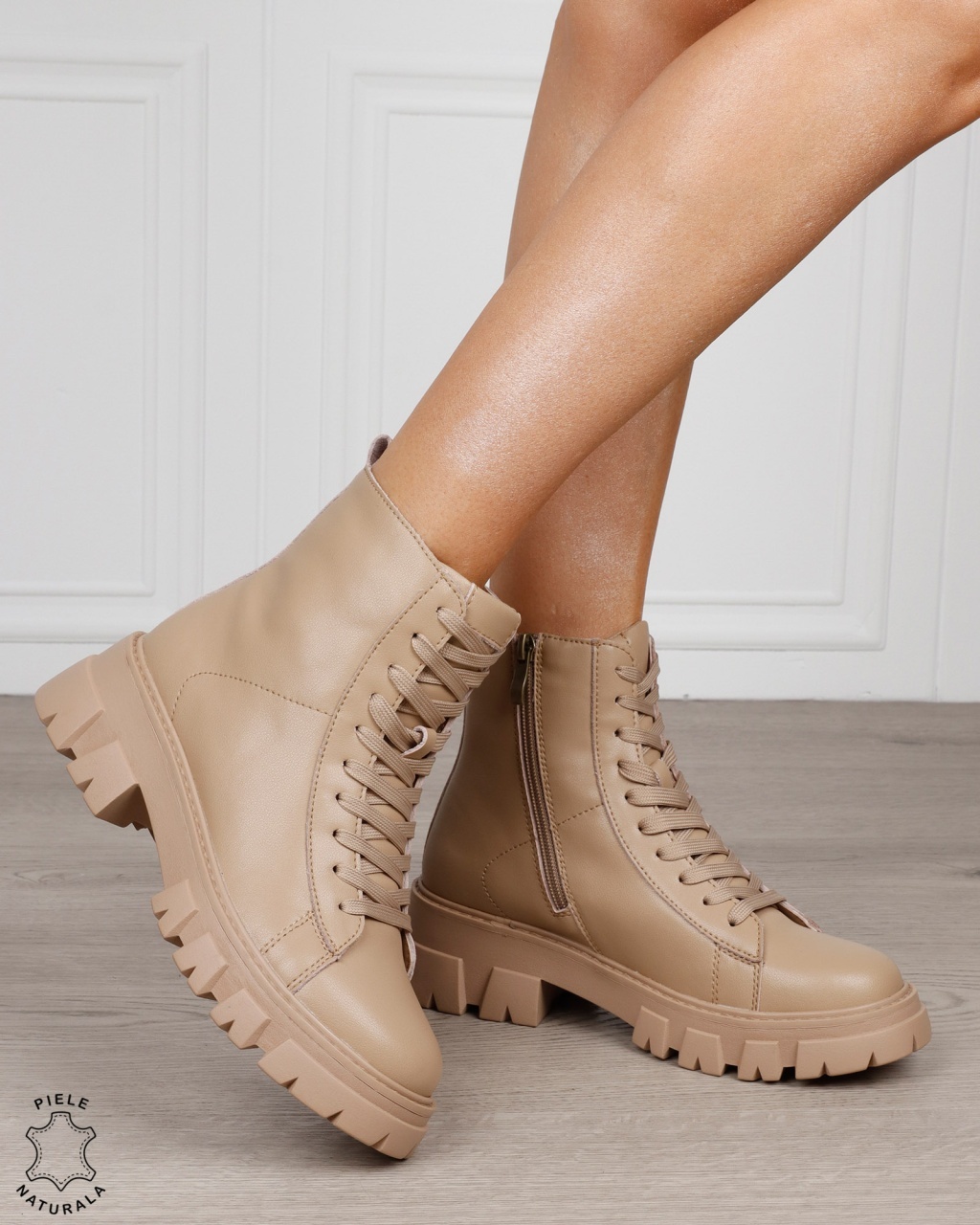 Ghete damă cu talpă groasă din piele naturală CRL1877 KHAKI