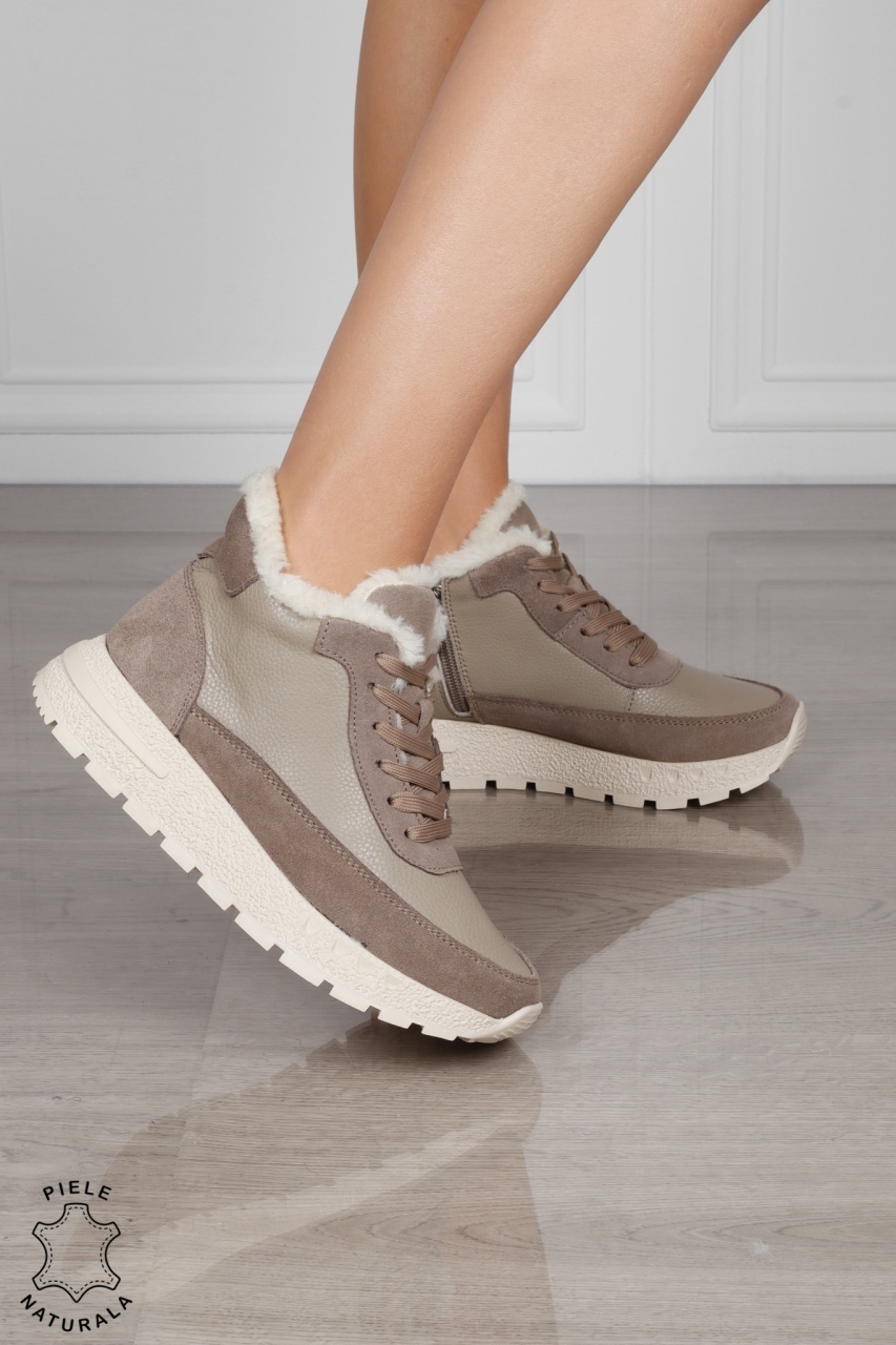 GHETE DAMA din PIELE Naturala Combinata cu Piele intoarsa CRL1523KHAKI