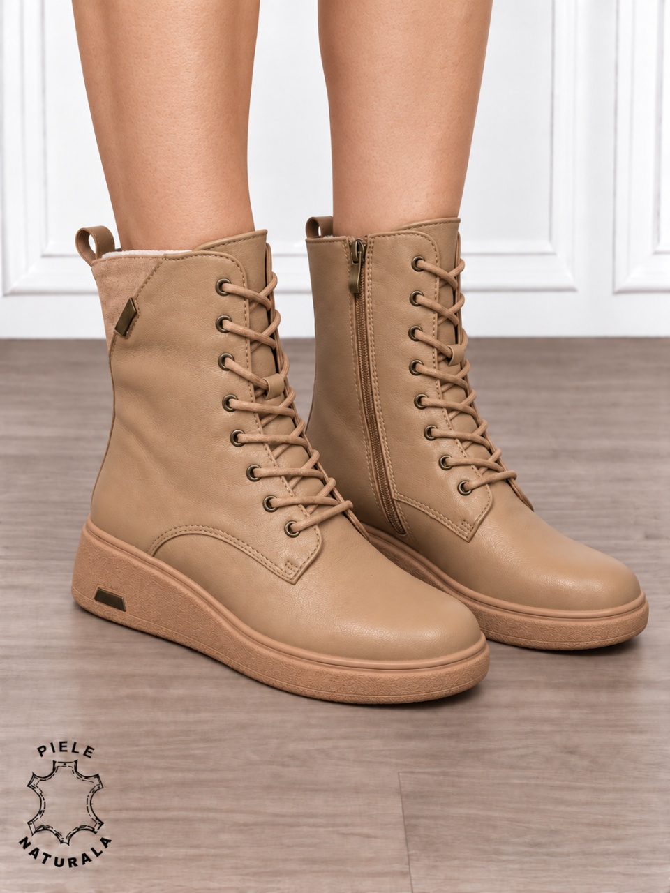 Ghete înalte damă din piele naturală, cu talpă groasă CRL1911 KHAKI