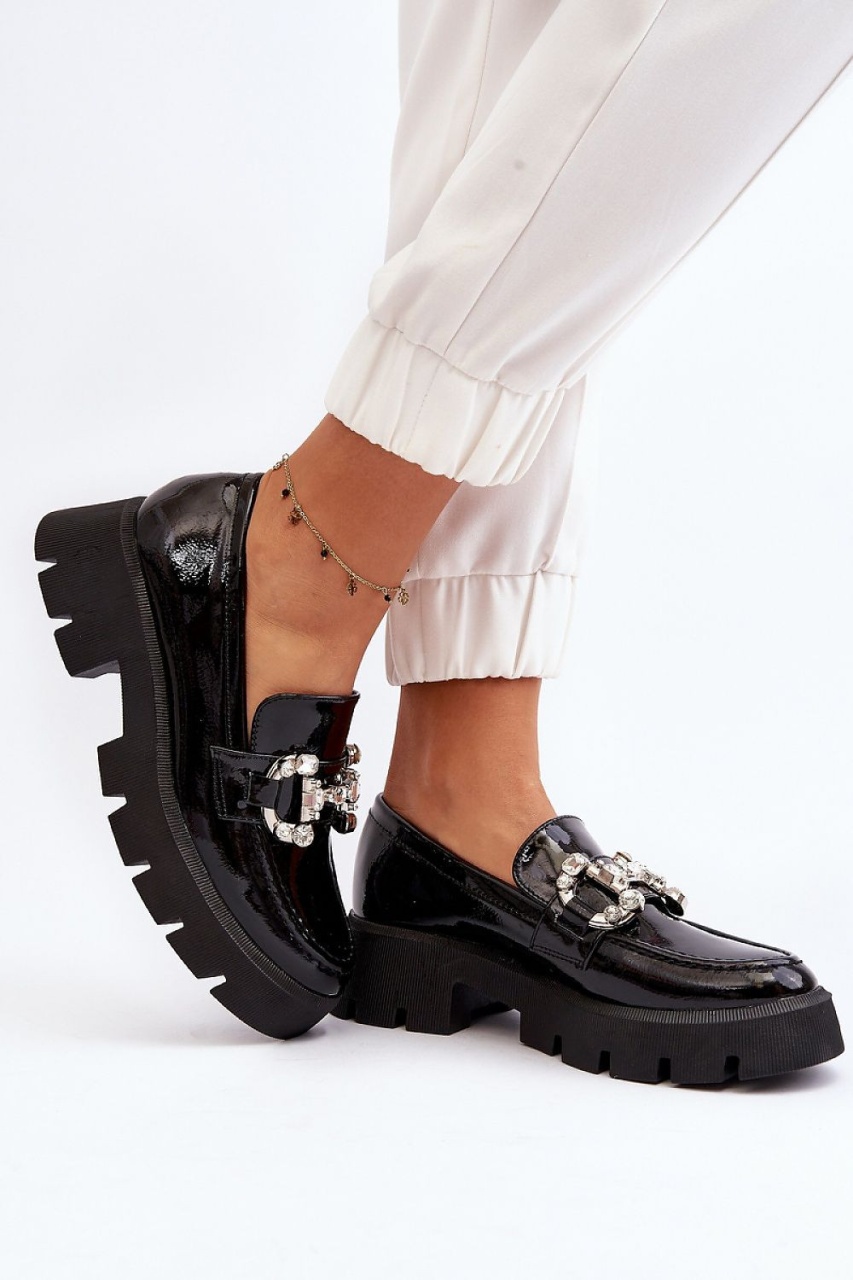 Mocasini DAMA din PIELE ECOLOGICA LACUITA CU PIETRE STRALUCITOARE CRL0973 CULOARE: Negru