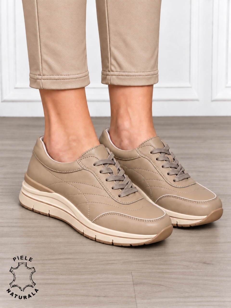 Pantofi casual damă din piele naturală cu design modernl CRL1897 KHAKI