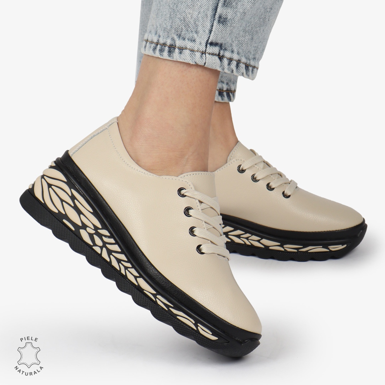 Pantofi Casual dama din Piele naturala CU DESIGN PE TALPA SIRET CRL1345 BEJ