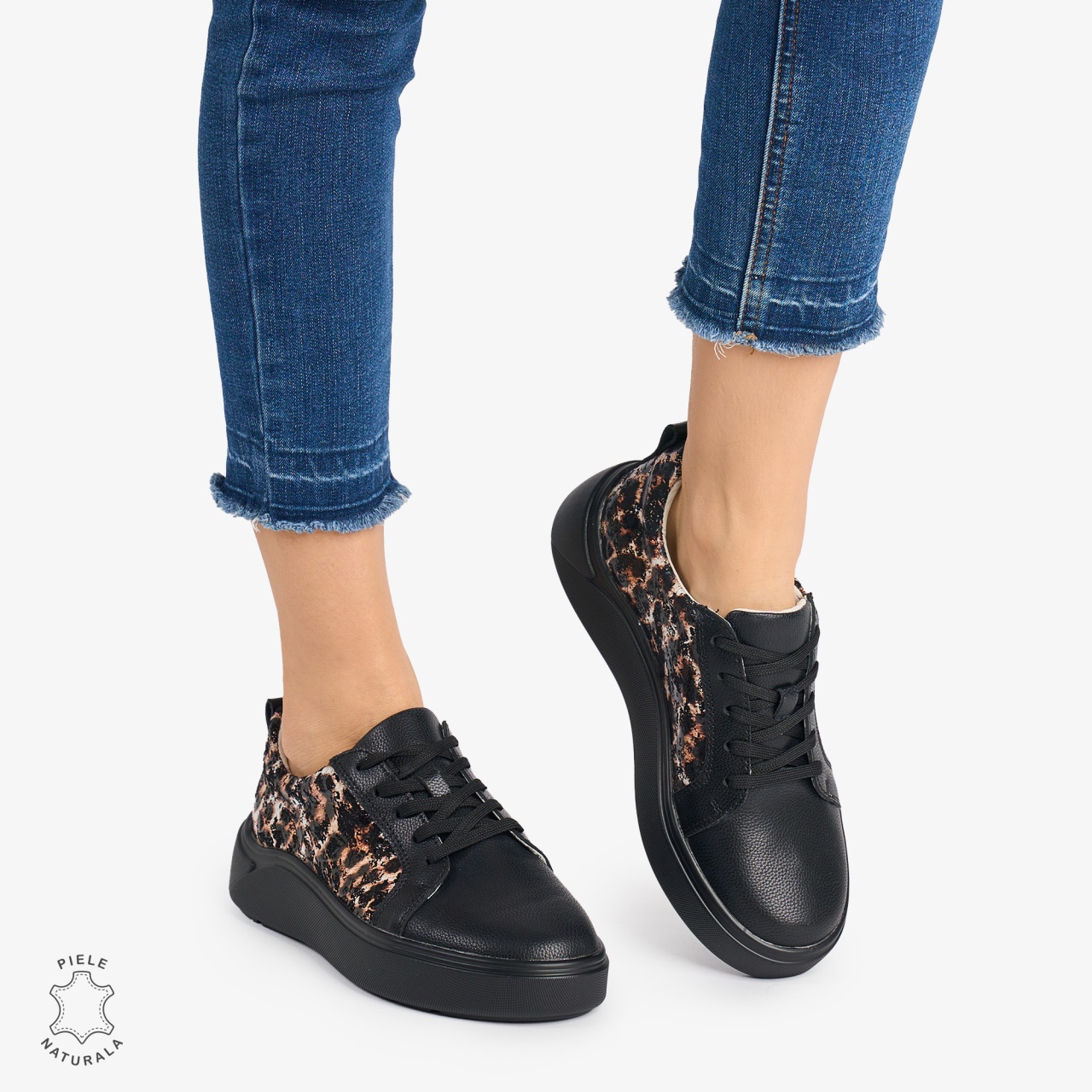 Pantofi Casual DAMA din PIELE Naturala cu imprimeu de leopard CRL0949 CULOARE: Negru