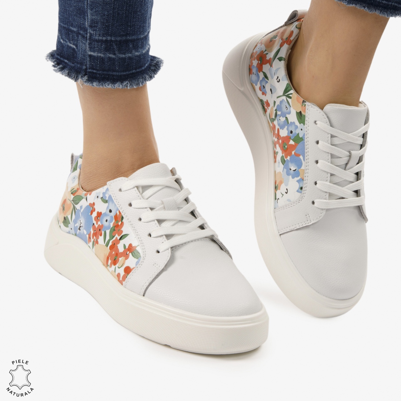 Pantofi Casual DAMA din PIELE Naturala cu imprimeu floral CRL0949 CULOARE: Alb