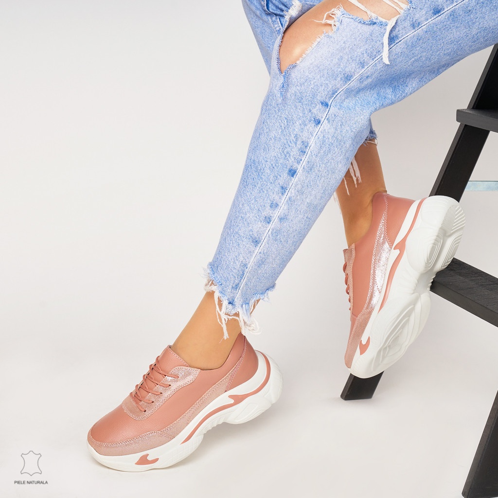 Pantofi Casual dama din Piele naturala cu talpa groasa CRL0037 ROZ