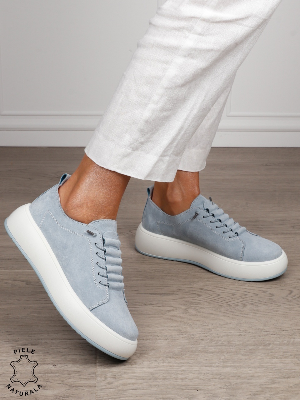 Pantofi Casual dama din Piele Naturala Intoarsa cu siret special CRL1550ALBASTRU