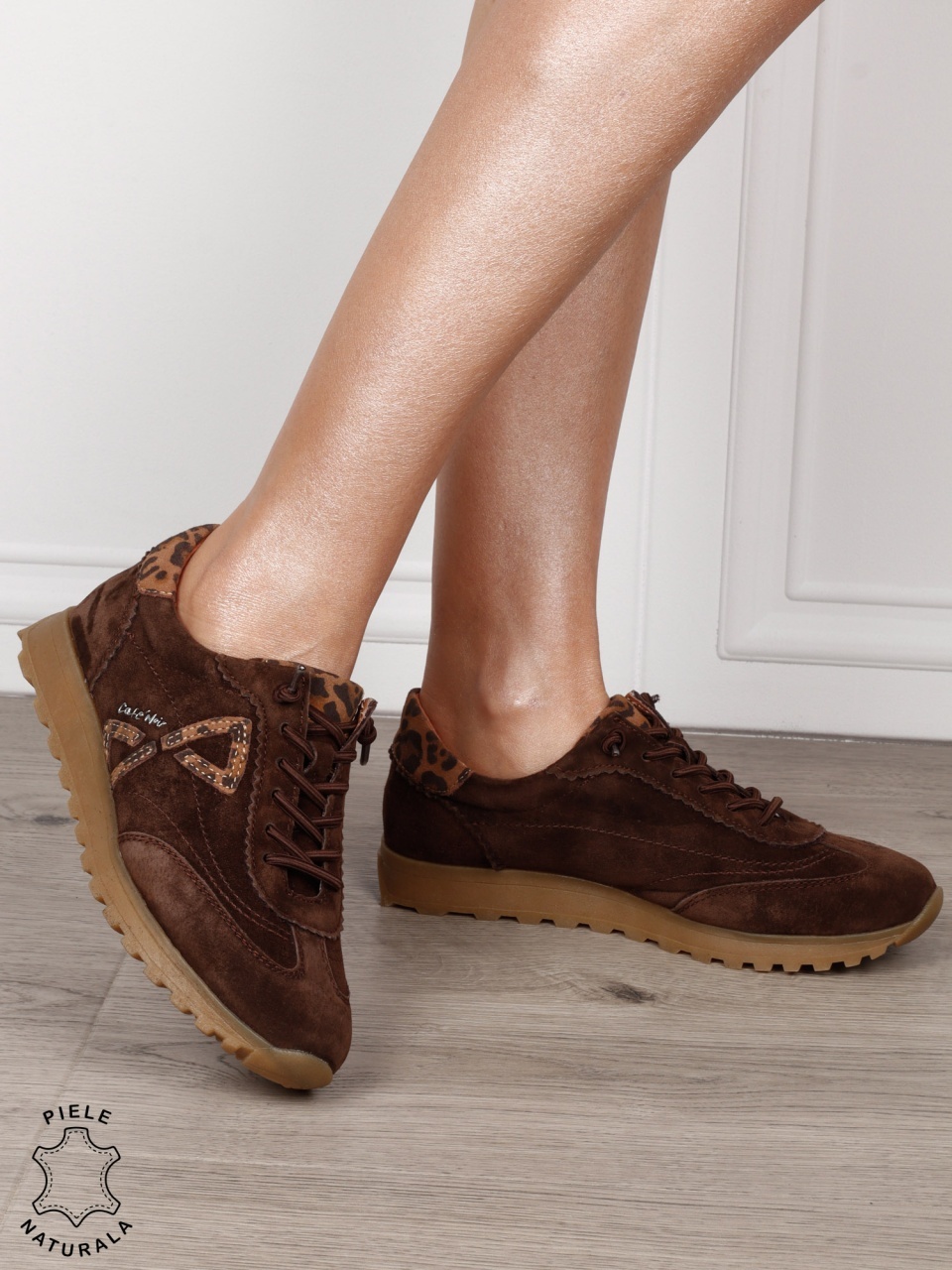 Pantofi Casual Damă din Piele Naturală Întoarsă imprimeu Leopard CRL1804 CAFENIU