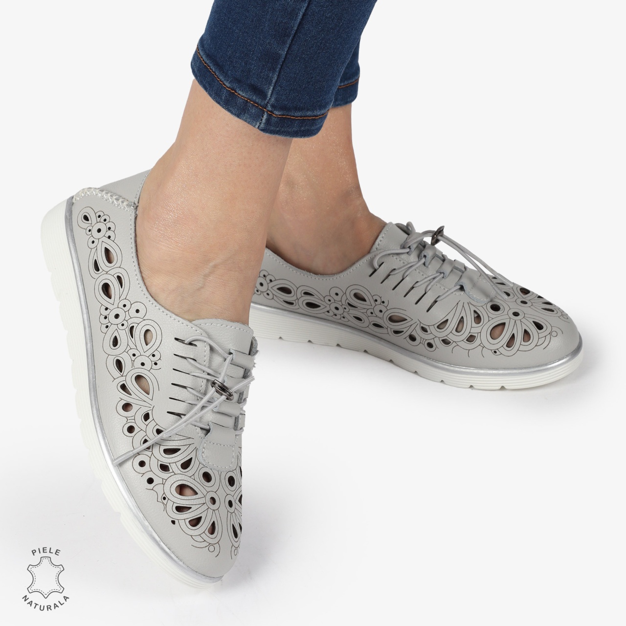 PANTOFI CASUAL dama din Piele naturala PERFORATA CU MODEL CRL1356 GRI