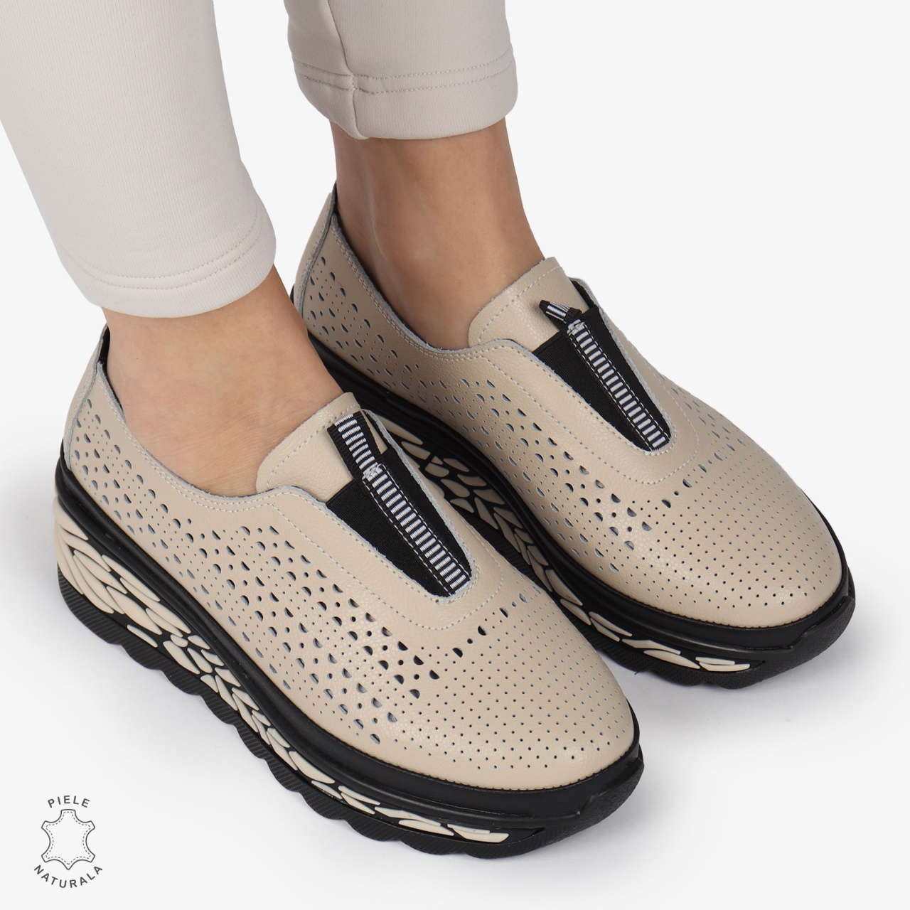 Pantofi Casual dama PERFORATI din Piele naturala CU DESIGN PE TALPA SLIP-ON CRL1338 BEJ