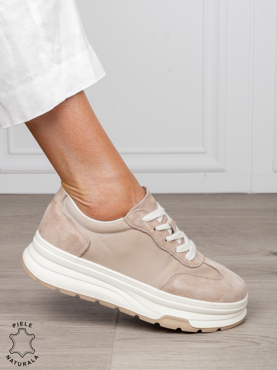 Pantofi Casual damă piele naturala intoarsa cu textil CRL1578 BEJ