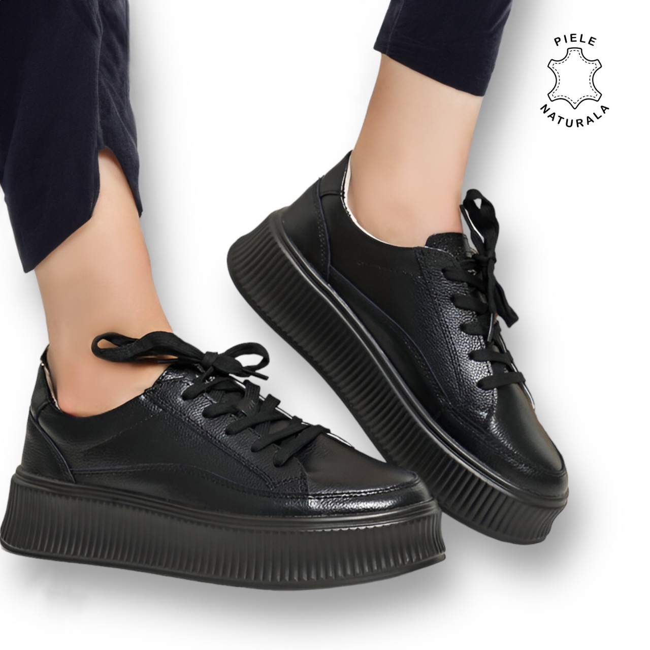 Pantofi casual dama piele naturala talpa plata CRL0870 Negru
