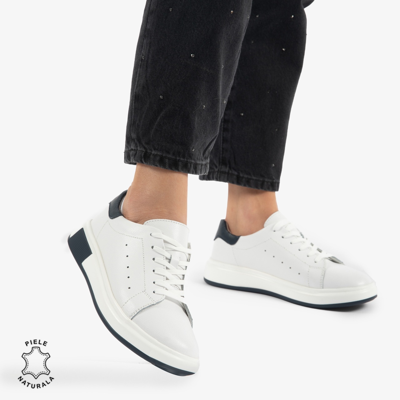 PANTOFI CASUAL DE DAMA DIN PIELE NATURALA CRL0770 ALB CU BLEUMARIN