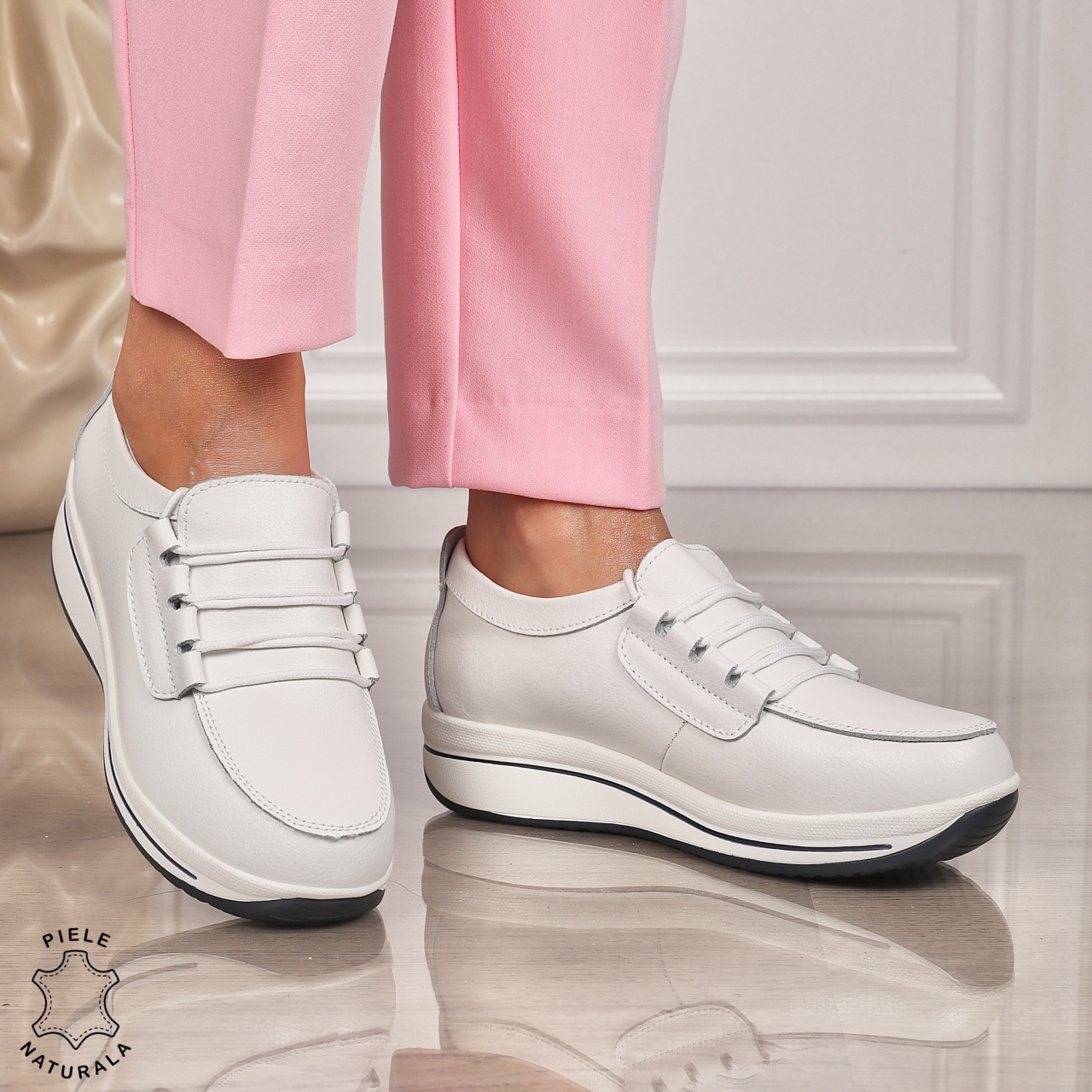 Pantofi casual de dama din piele naturala cu talpa groasa CRL0005 Alb