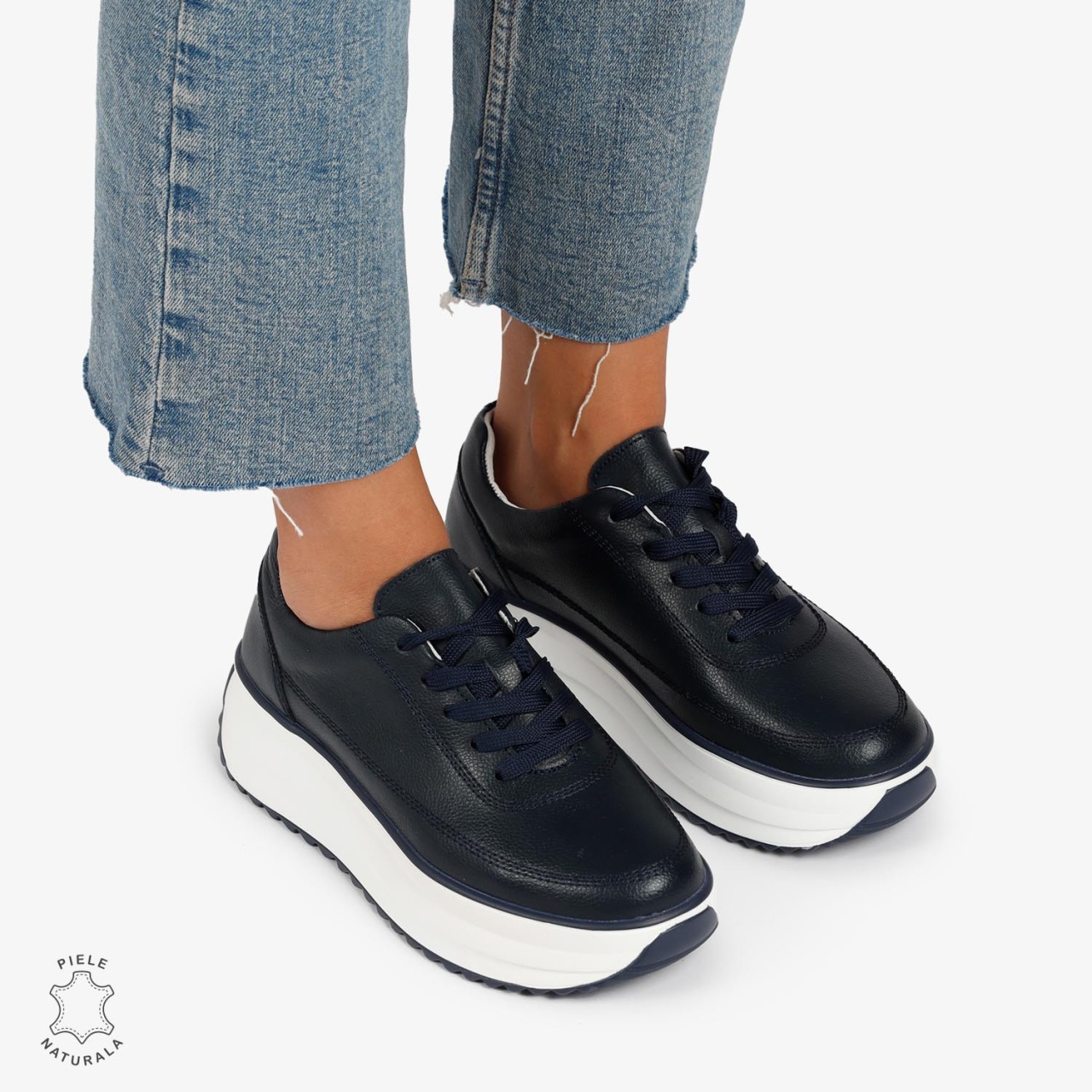 Pantofi Casual de dama din Piele Naturala cu talpa Inalta CRL1201 BLEUMARIN