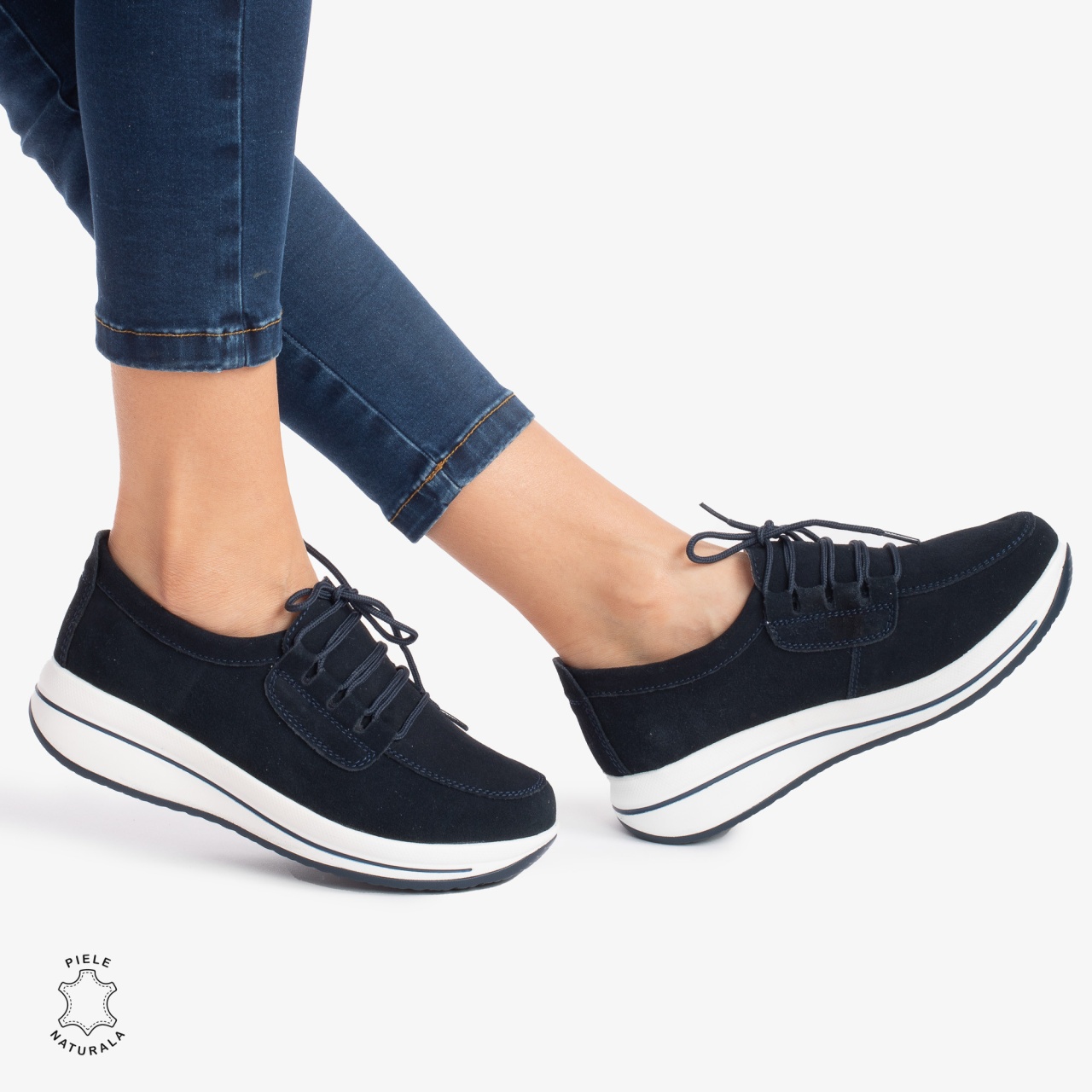 Pantofi casual de dama din piele naturala Intoarsa cu talpa groasa CRL0005 Bleumarin