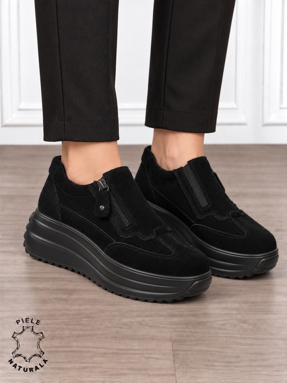 Pantofi casual din piele naturală întoarsă cu inchidere fermoar CRL1919 Negru