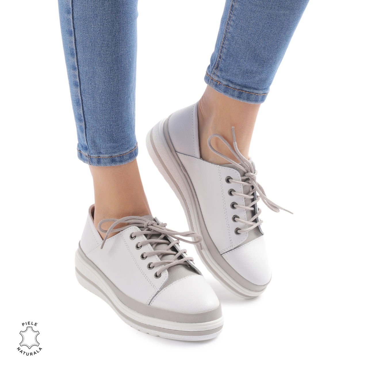 Pantofi casual piele naturala CRL877 ALB CU GRI