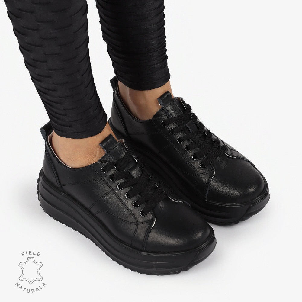Pantofi casual piele naturala cu talpa inalta CRL1307 NEGRU