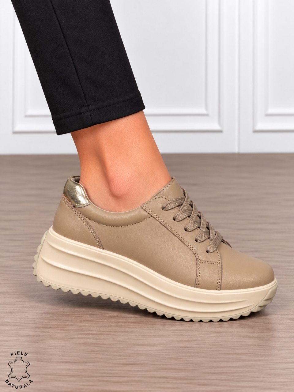 Pantofi damă din piele naturală cu stil urban și finisaje elegante CRL1907 KHAKI