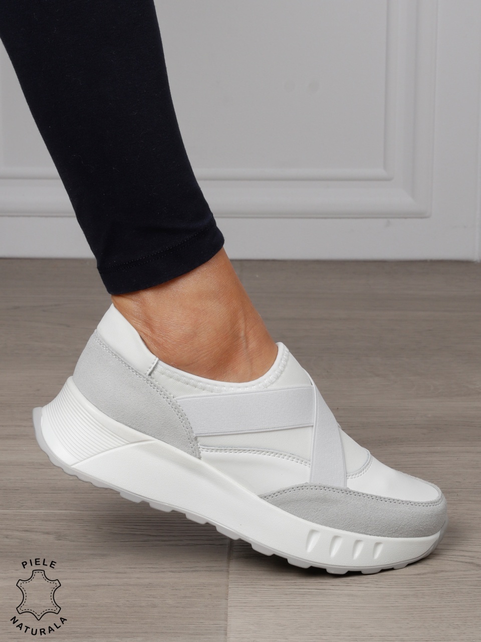 Pantofi dama din Piele Naturala slip-on cu elastic CRL1545 ALB