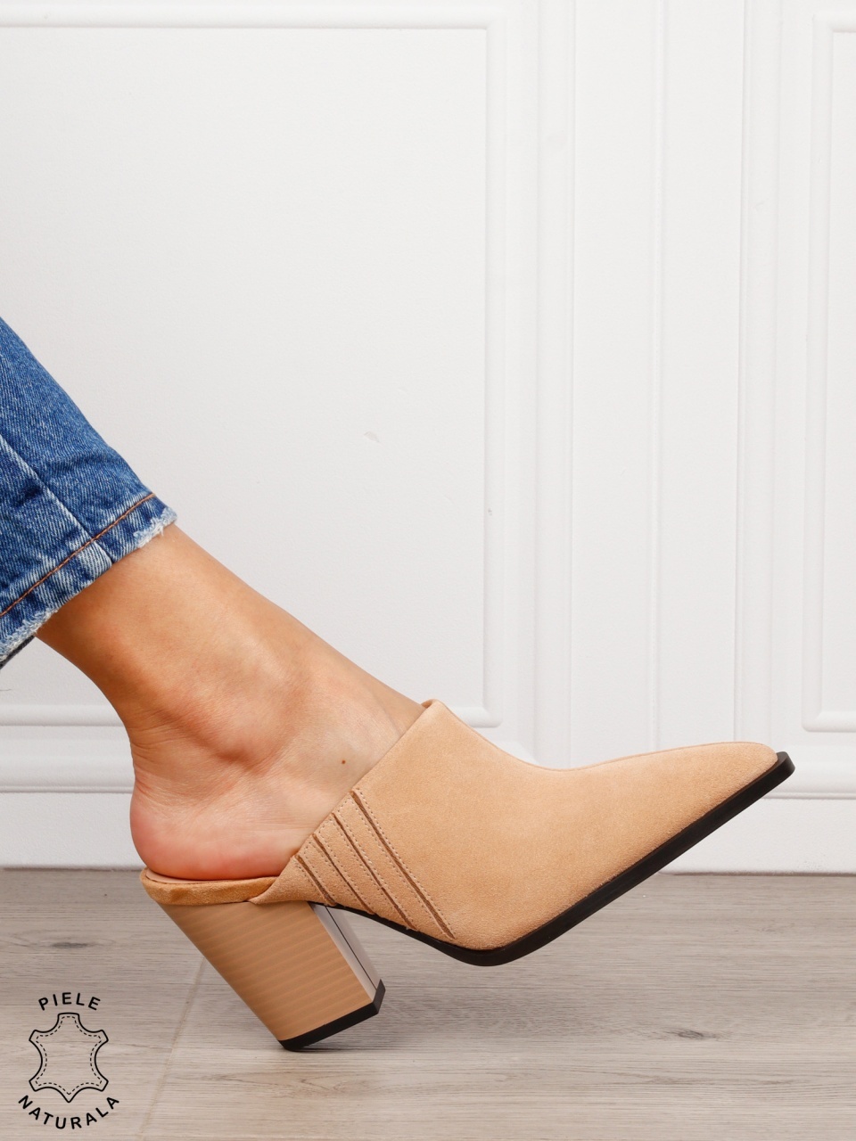 Pantofi dama eleganti cu toc gros si varf ascutit din piele naturala intoarsa CRL1609 BEJ