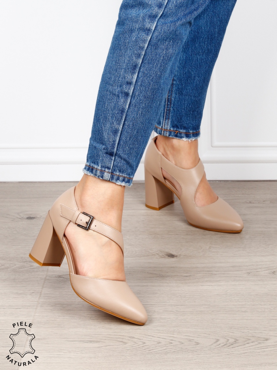 Pantofi dama eleganti din piele naturala cu bareta si toc gros CRL1634 Khaki