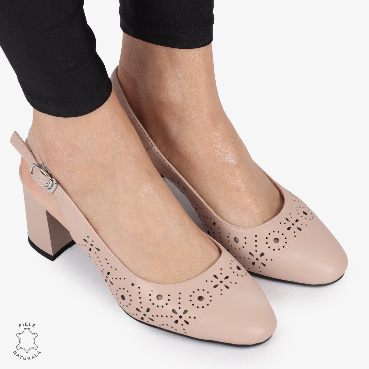 PANTOFI ELEGANTI dama din Piele Naturala CU TOC GROS SI MODEL PERFORAT CRL0995 ROZ