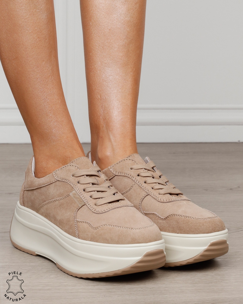 Pantofi sport damă din piele naturală întoarsă cu talpă înaltă CRL1862 KHAKI