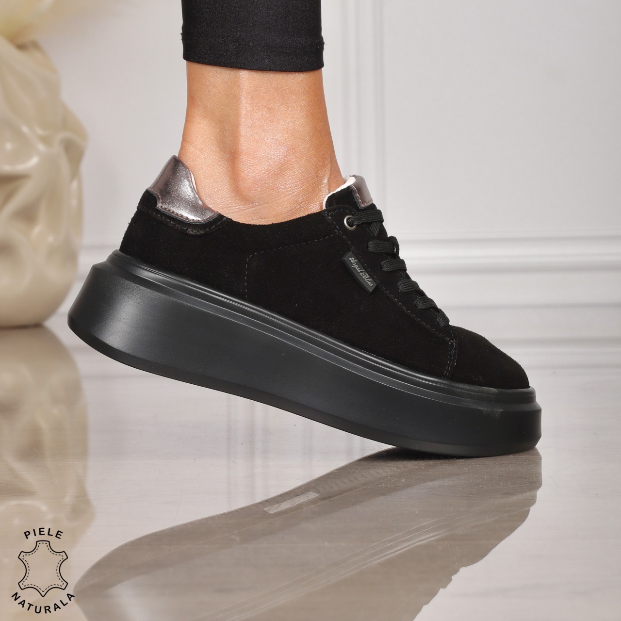 Pantofi sport damă robusti din piele naturală CRL1451 NEGRU
