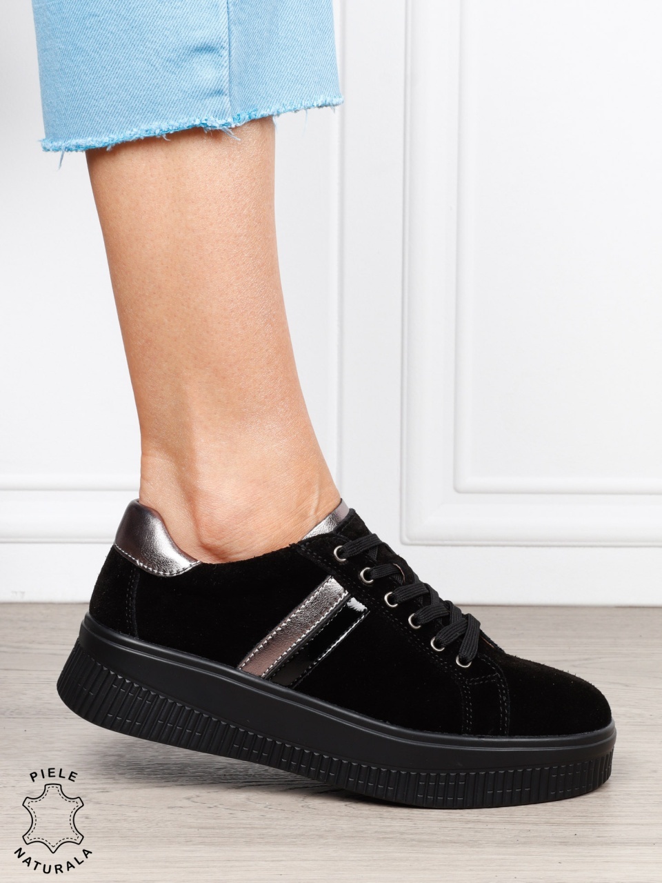 Pantofi sport din piele naturală intoarsa cu finisaje premium CRL1811 NEGRU SUEDE