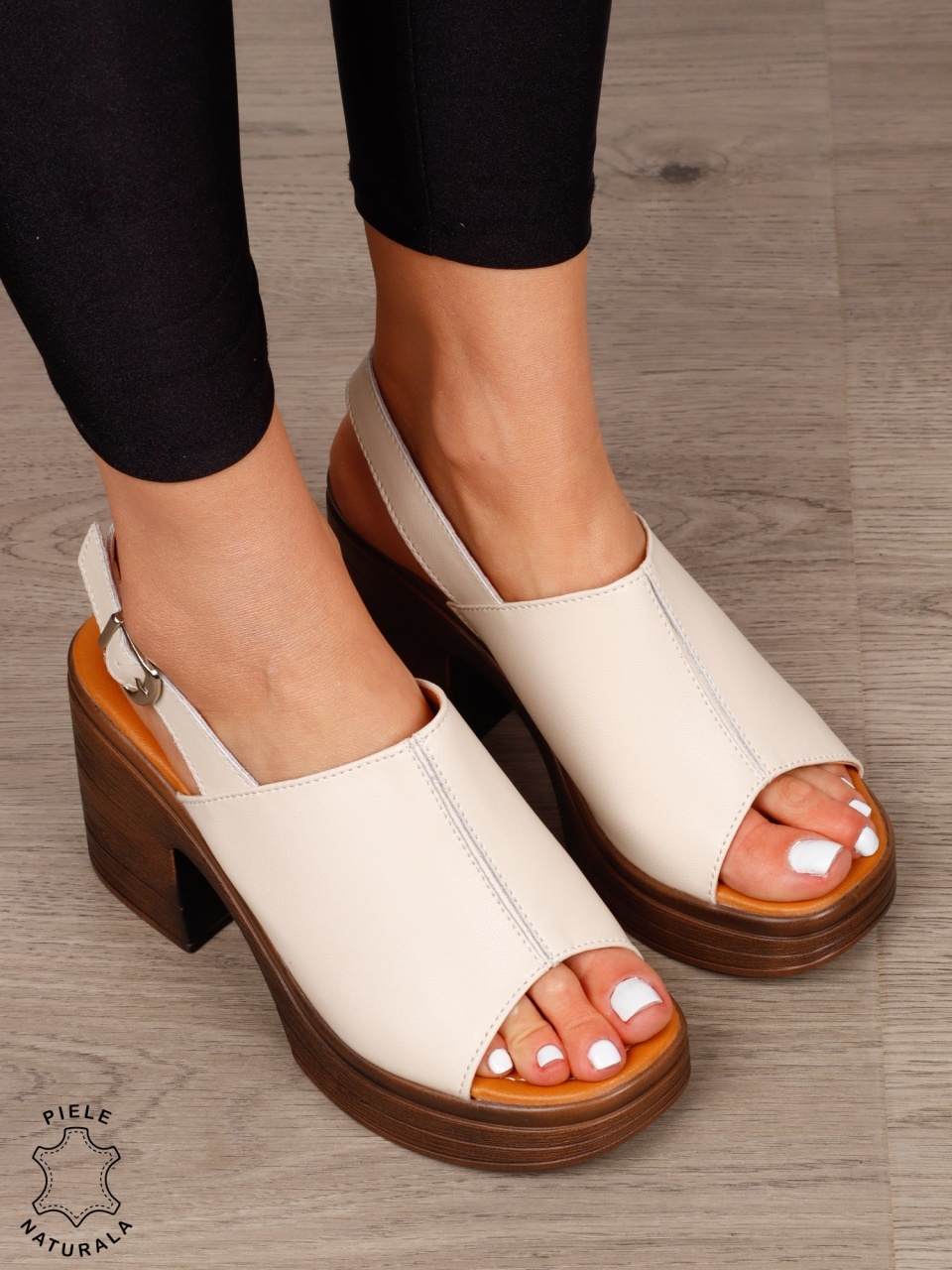 Sandale DAMA DIN PIELE NATURALA CU TOC GROS CRL1409 Bej