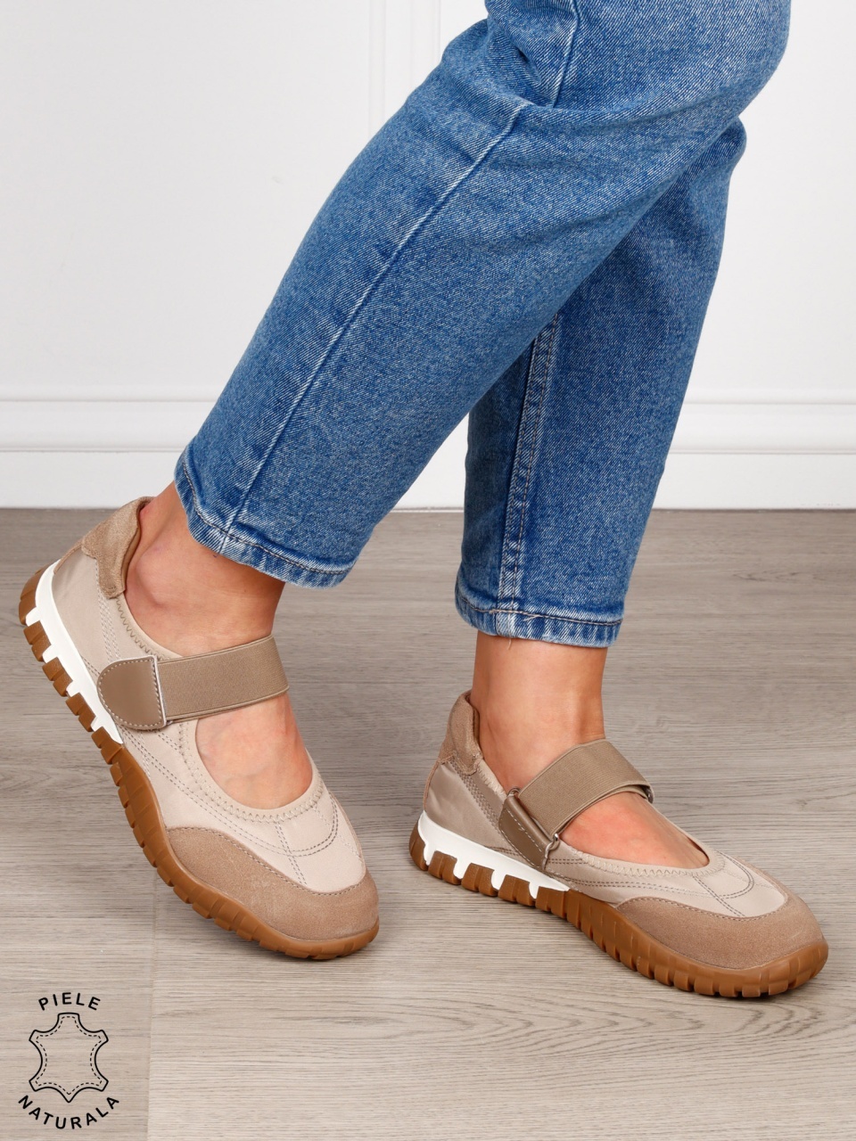 Sandale damă din piele naturală întoarsă și material textil, cu branț din piele naturală CRL1562 khaki