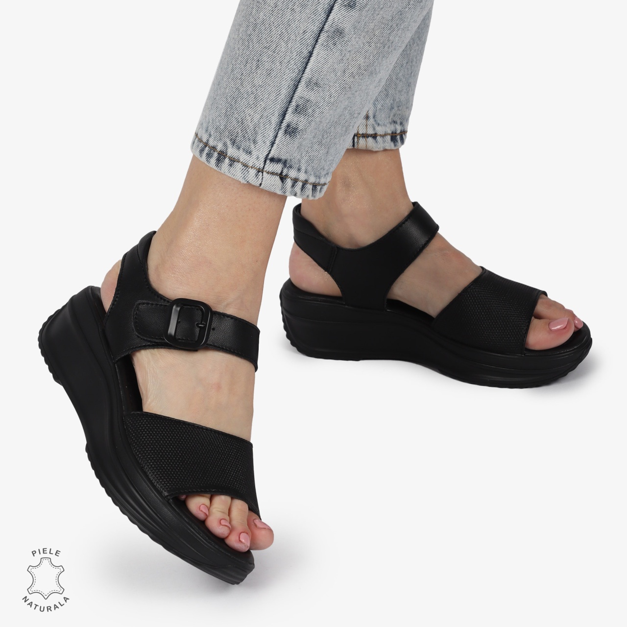 SANDALE Dama Piele Naturala CU CATARAMA CU TALPA INALTA CRL1371 NEGRU