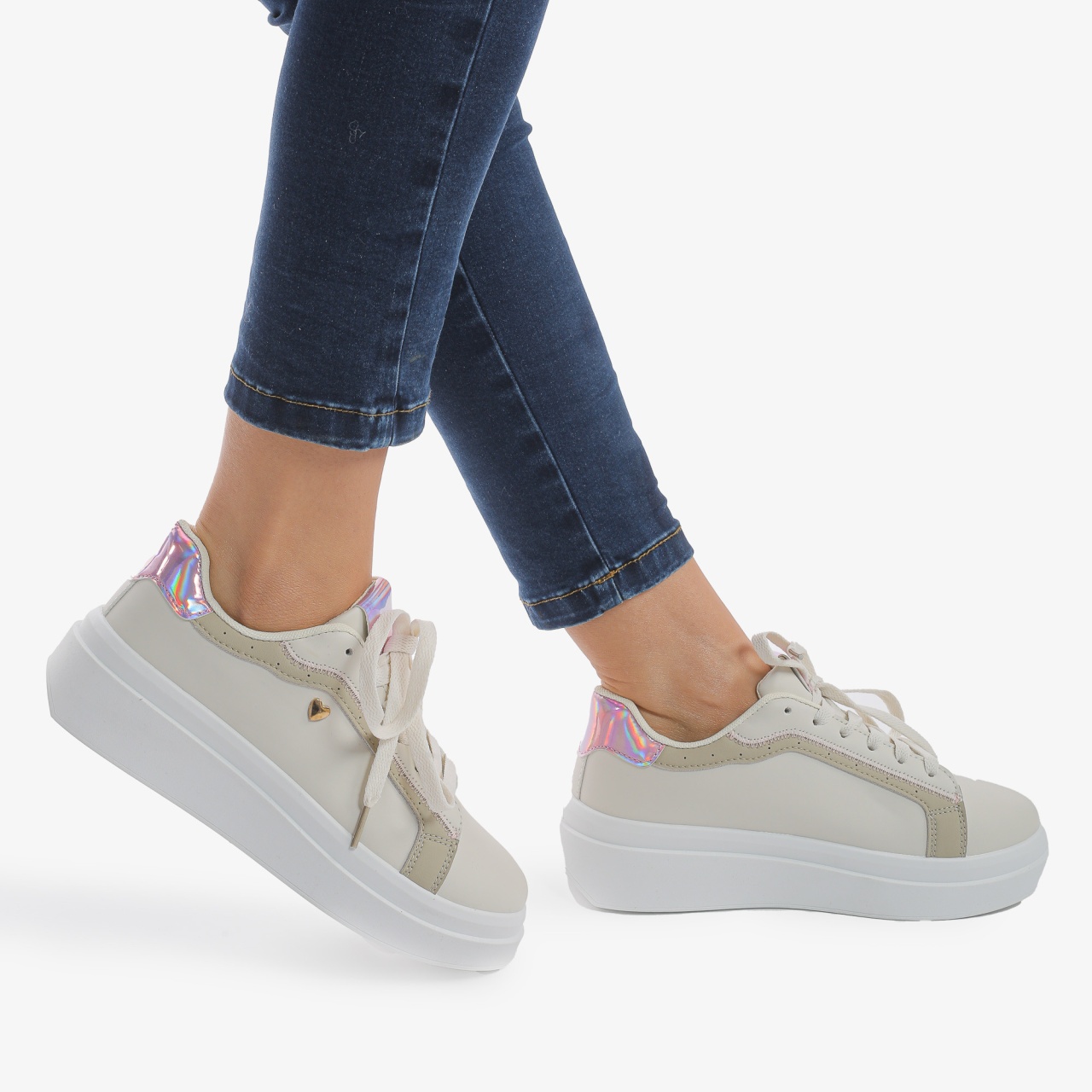 SNEAKERS DAMA din PIELE ECOLOGICA CRL0890 CULOARE:BEJ