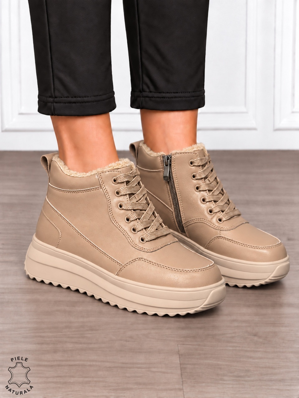 Ghete damă din piele naturala in stil urban și închidere practică CRL1901 KHAKI