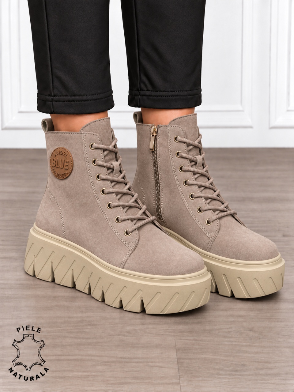 Ghete damă din piele naturală intoarsa cu talpă înaltă CRL1871 KHAKI