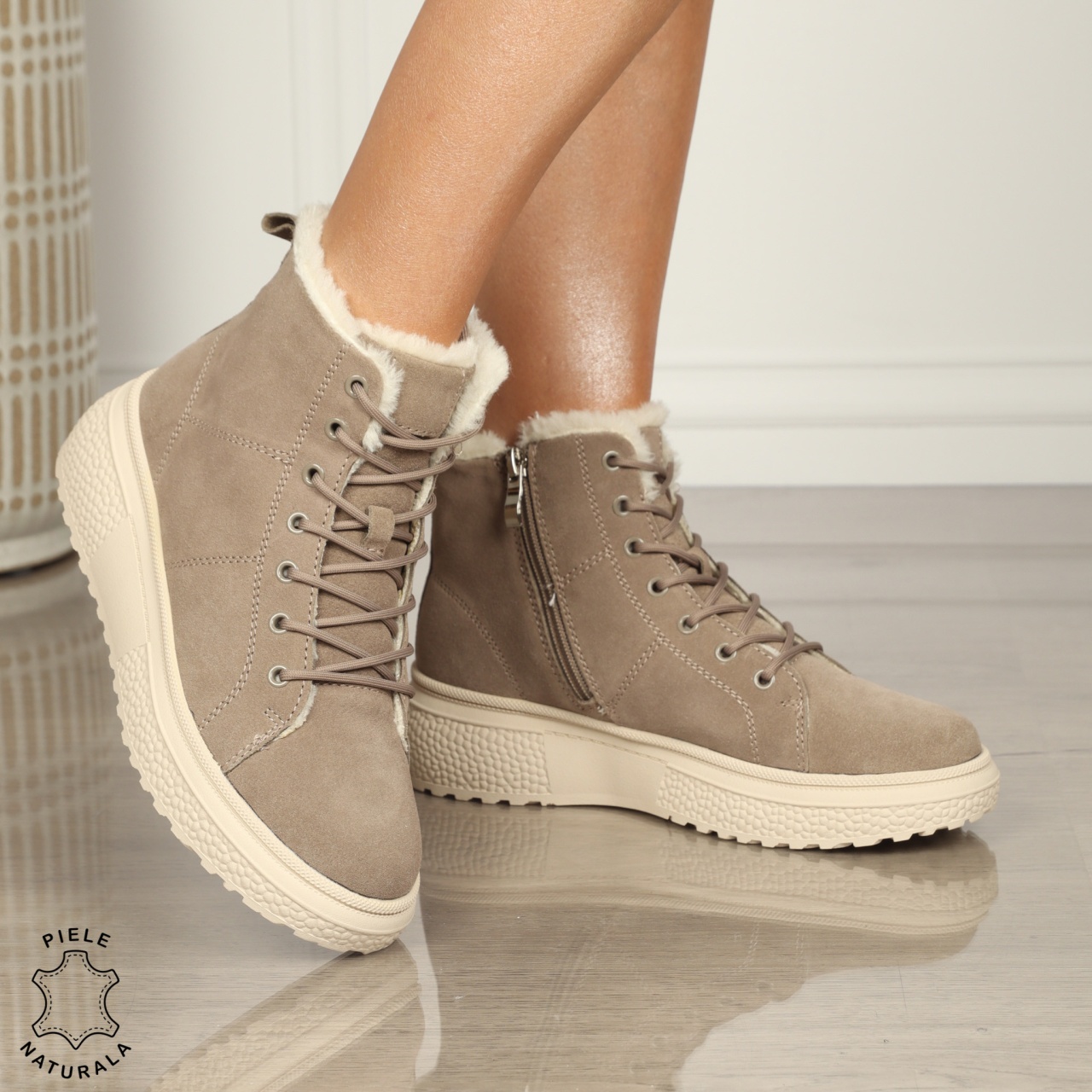 Ghete Dama IMBLANITE piele naturala INTOARSA cu talpă groasă CRL1448 KHAKI