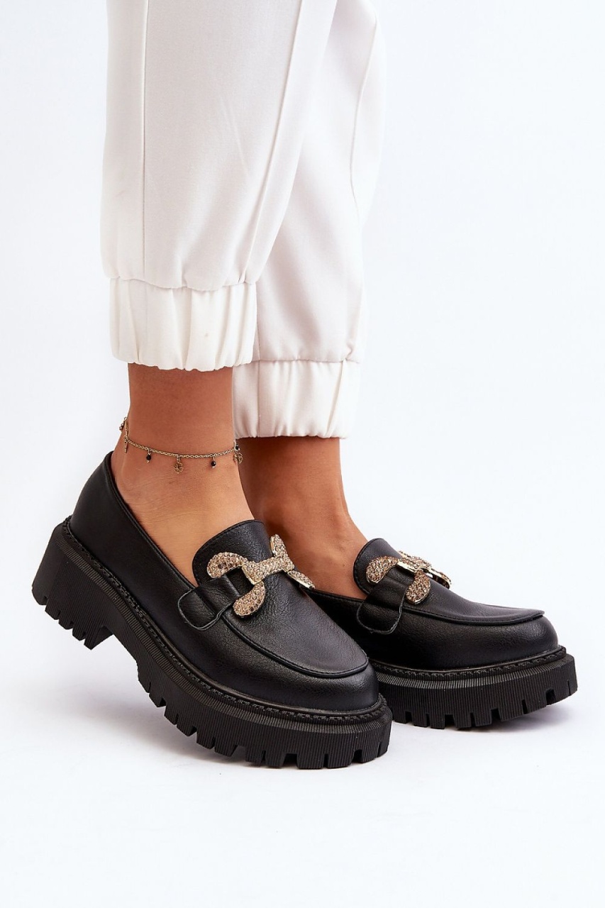 Mocasini DAMA din PIELE ECOLOGICA CU DETALIU AURIU CRL0975 CULOARE: Negru