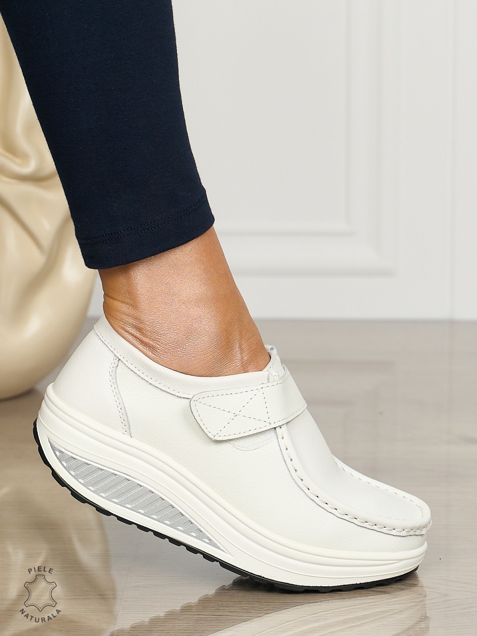 Mocasini dama din Piele Naturala CRL0063 ALB