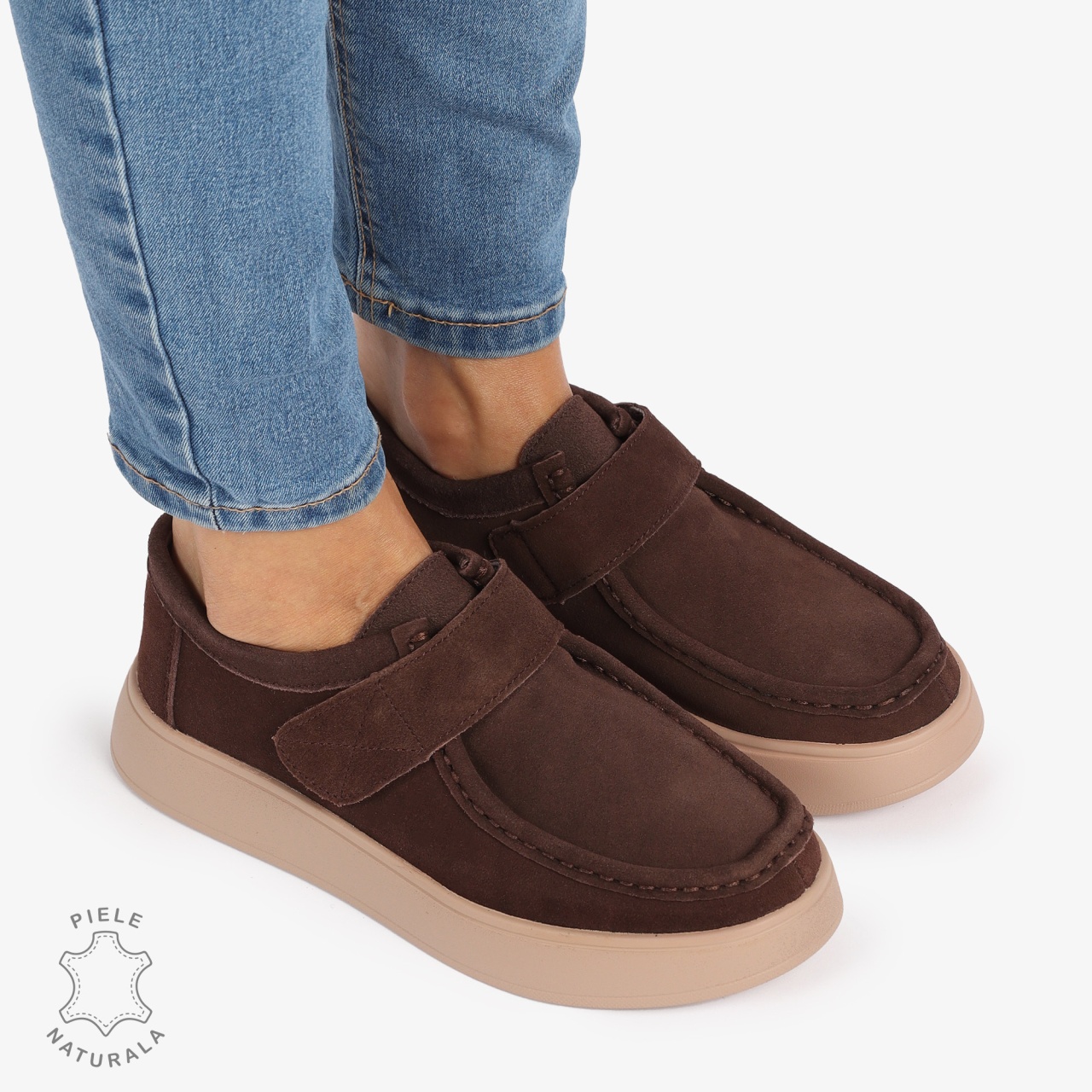 MOCASINI dama din Piele Naturala INTOARSA CU INCHIDERE VELCRO CRL1227 MARO