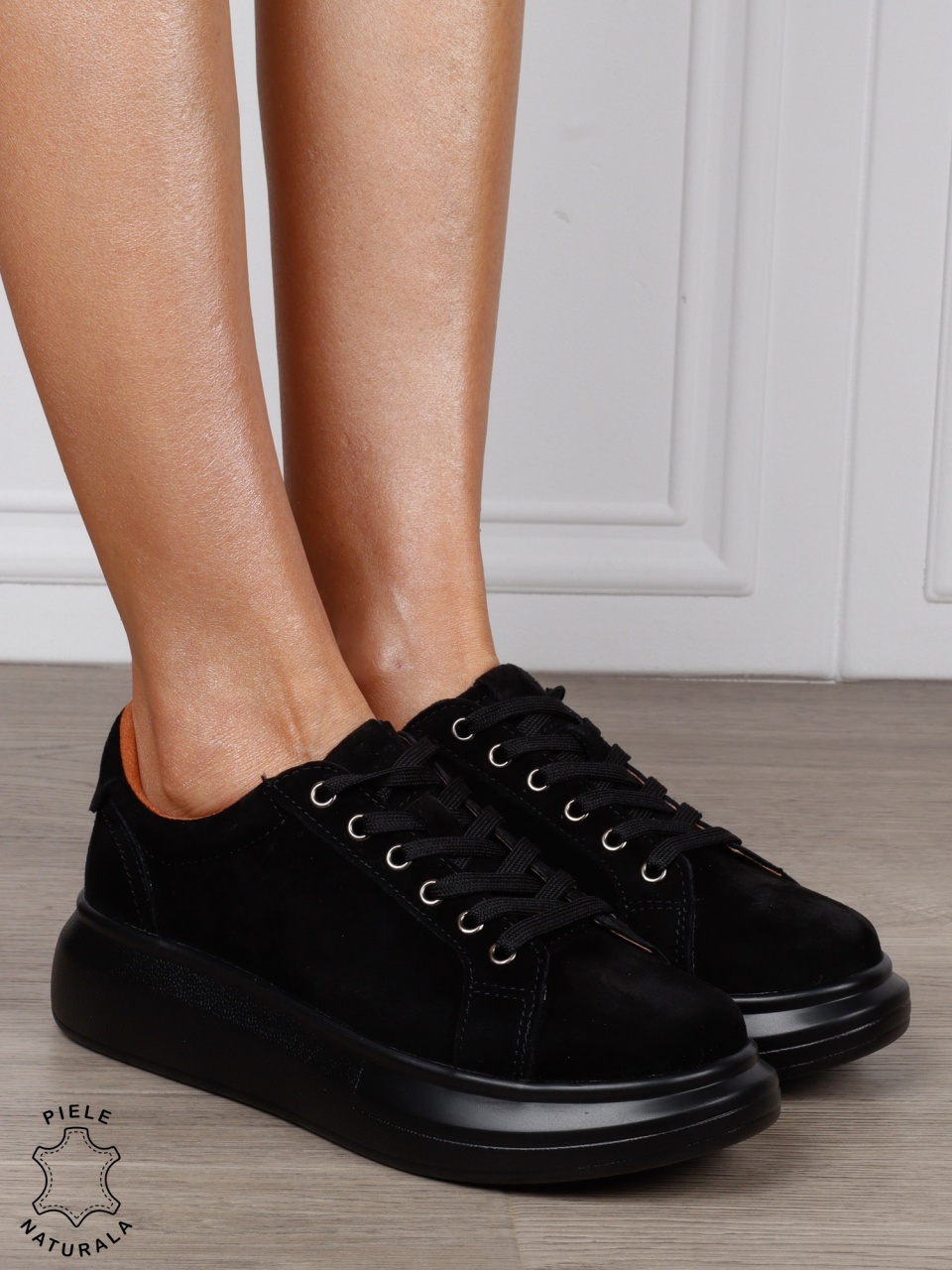 Pantofi Casual Damă din Piele Întoarsă Naturală cu Șiret CRL1802 NEGRU SUEDE