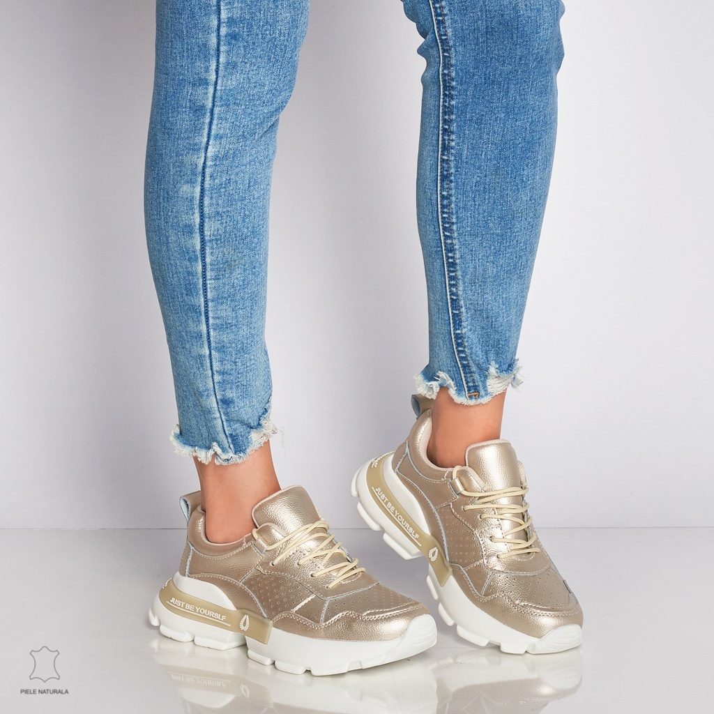 Pantofi Casual dama din Piele naturala cu talpa groasa CRL0046 AURIU
