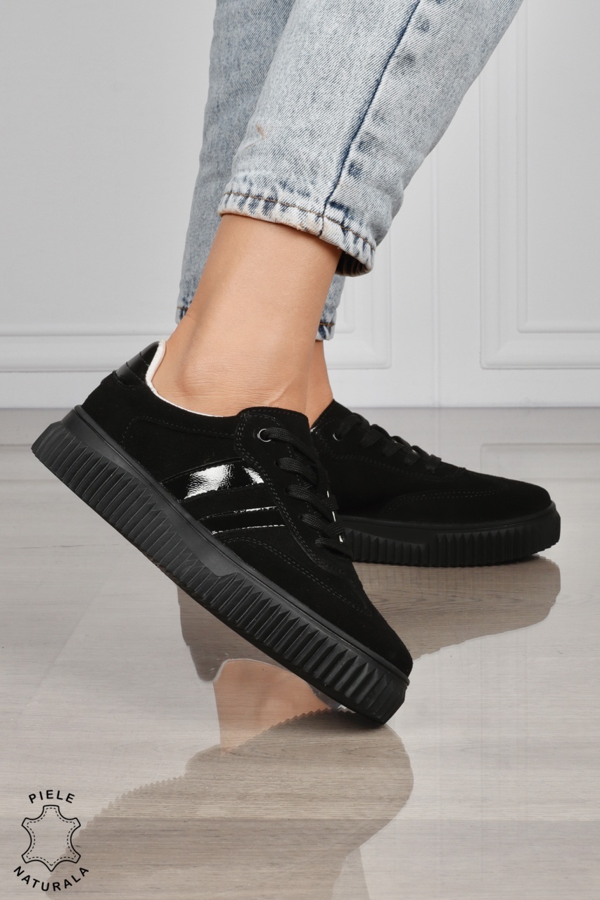 Pantofi Casual DAMA din Piele Naturala intoarsa, Model Retro CRL1531NEGRU