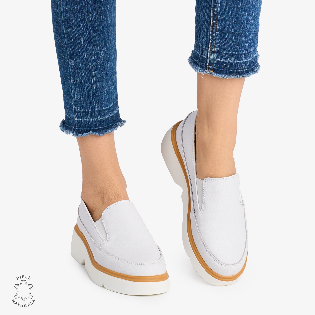 Pantofi Casual DAMA din PIELE Naturala SLIP-ON CRL0946 CULOARE: ALB
