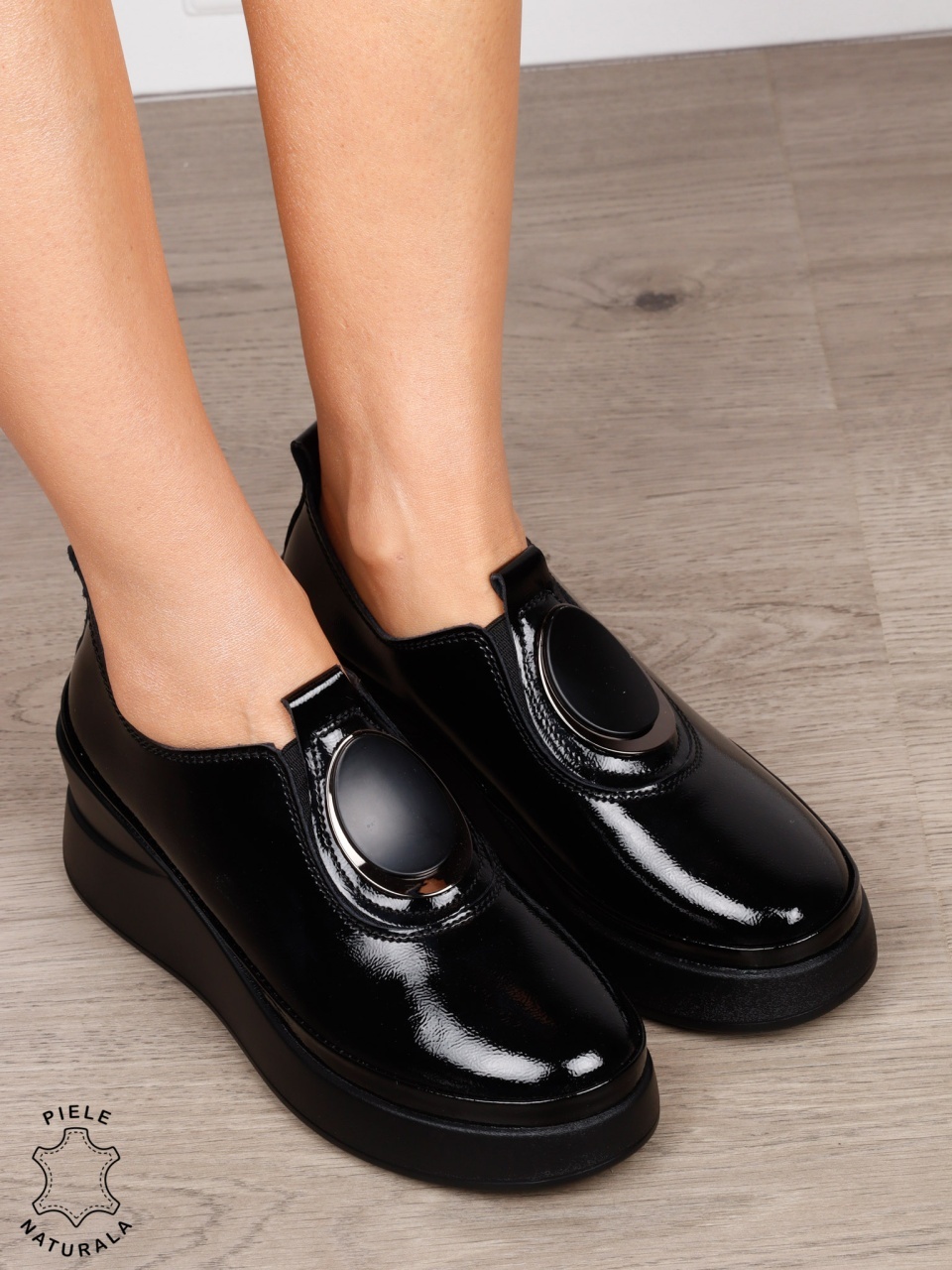 PANTOFI CASUAL DAMA Piele Naturala LACUITA Slip-on cu deatliu in fata CRL1443 NEGRU